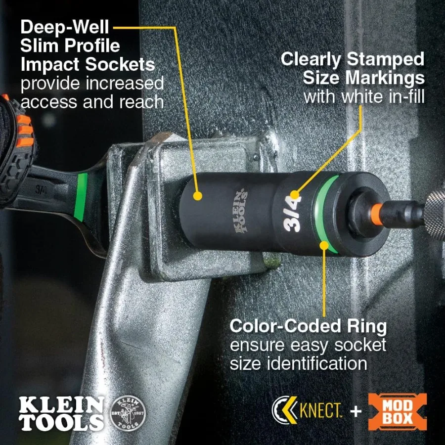 65111IMPCT KNECT مجموعة مقابس التصادم Deep-Well 1/2 بوصة محرك SAE اللون مشفرة MODbox حافظة تأثير محول ومحول