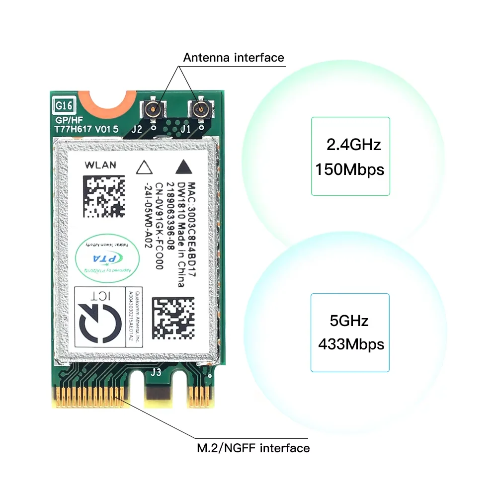 QCA9377 NGFF M2 Wireless WiFi Card 802.11ac Dual Band 2.4G 5G QCNFA435 Bluetooth 4.1 for Laptop Windows 10 11 Ultra Fast