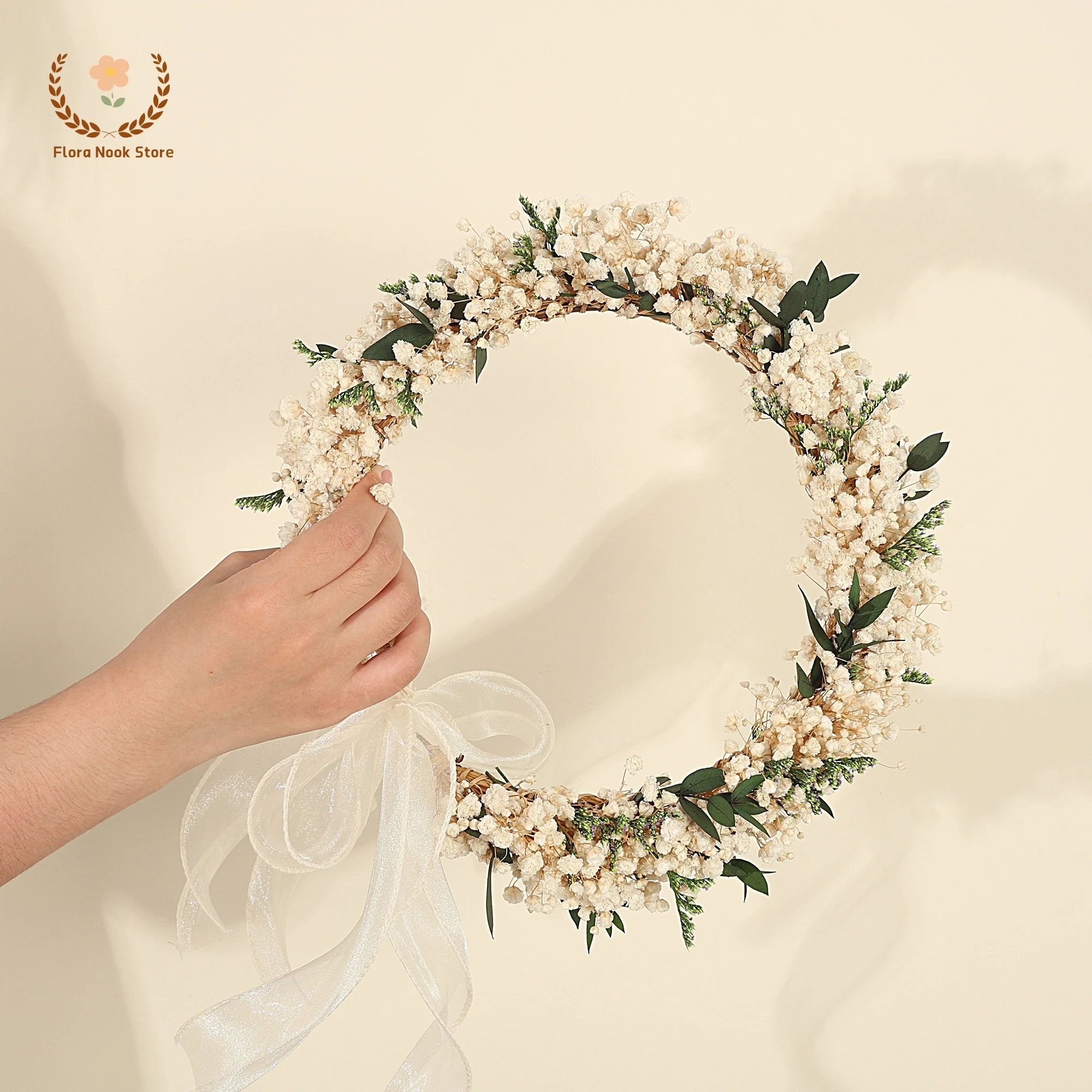 Imagen 4: Corona de aliento de bebé hecha a mano, flores secas, hojas de eucalipto, corona Gypsophila, diadema de novia, decoración de pelo de boda para niña
