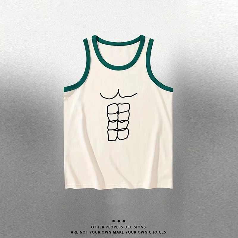Funny Fake Abs 3d Print Men's Crew Neck Tank Top New Summer Sleeveless Contrast Trim Loose Casual Polyester Loose Vest Y2k Tops