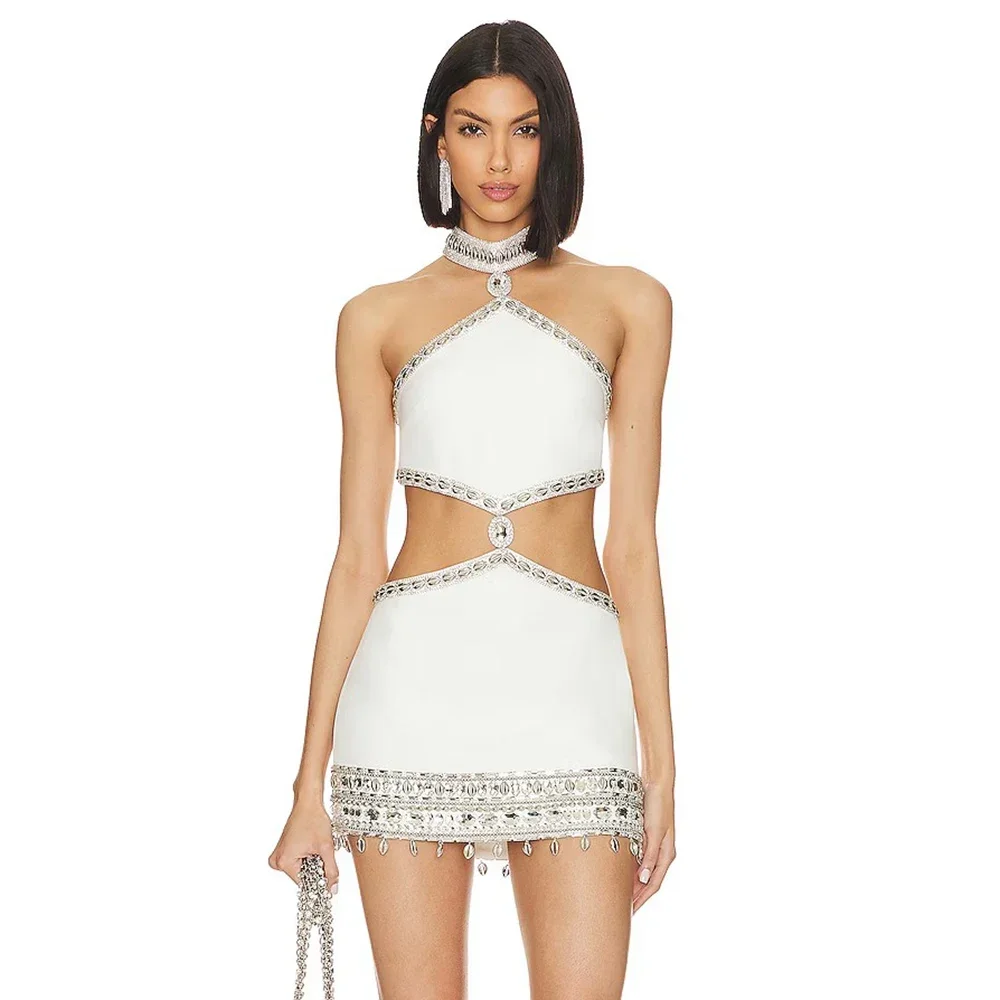 

DEIVE TEGER 2024 New Women'S White Luxury Diamond Crystal Sleeveless Backless Sexy Tight Mini Bandage Dress Elegant Party Dress