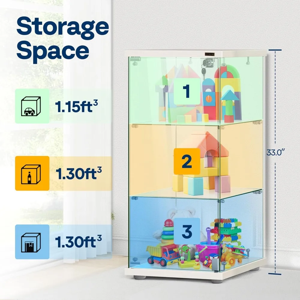 16''W X 16''D X 33''H 3 Layers Glass Display Cabinet Showcase Countertop with Lock, 4mm Tempered Glass 25mm MDF Base