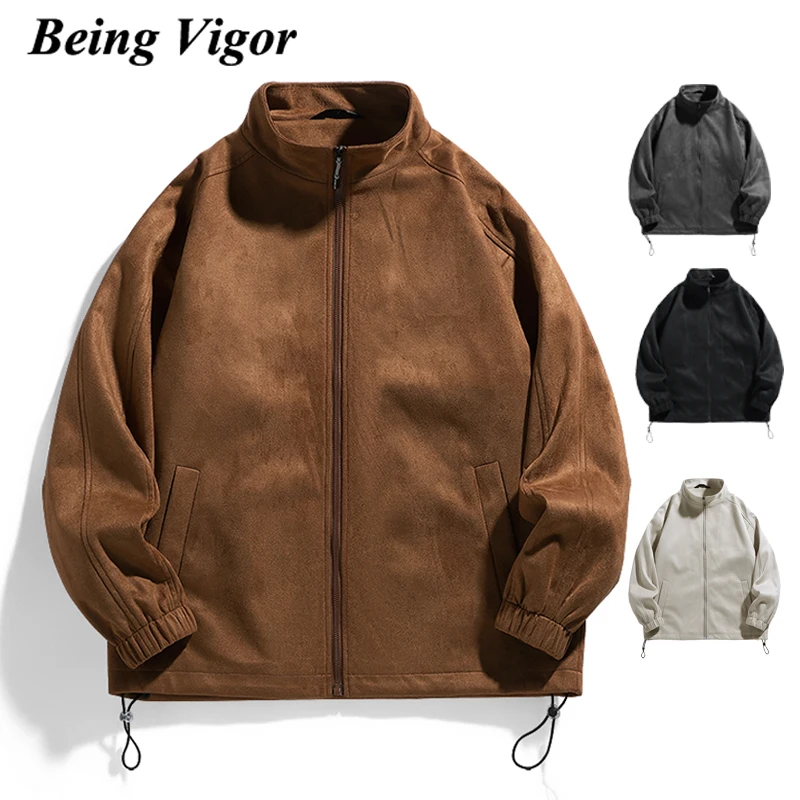 Being Vigor Mens Suede Zipper Jacket Spring Autumn Windbreaker Jackette Street Trench Jacket For Men chaquetas hombre