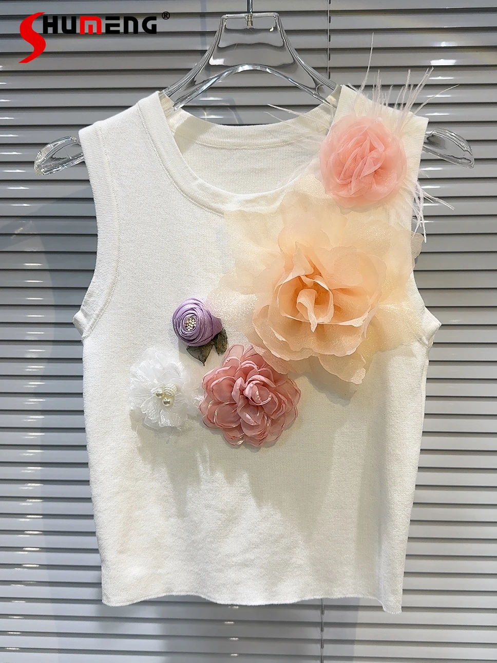 

Fashion 2024 Summer Feminine Small Fragrant Tank Tops Colorful Feather Mesh Three-Dimensional Flower Vest Women's Knitted Vests