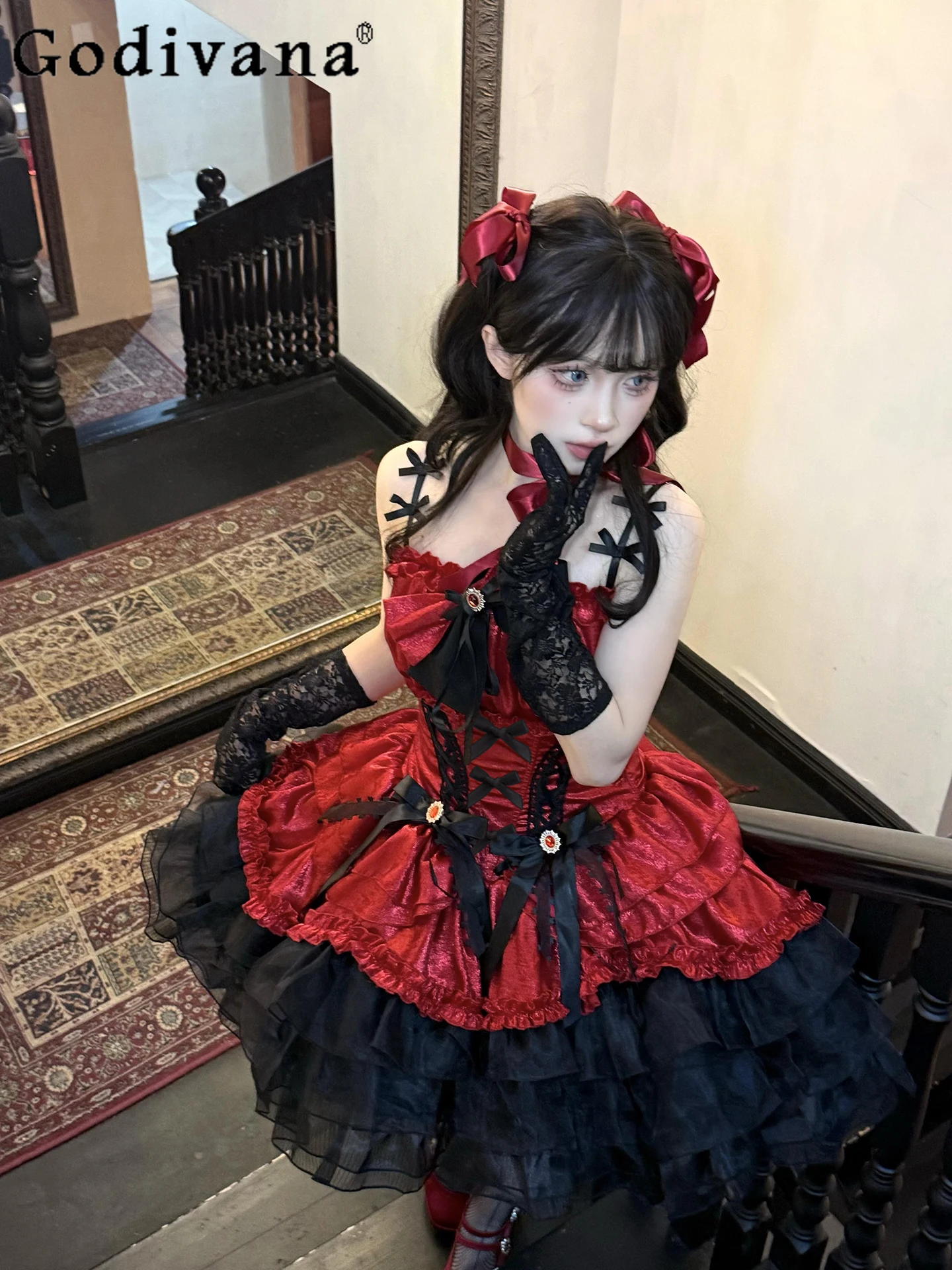 

Elegant and Sweet Ballet Girly Lolita Dress Japanese Original Adult Dress Black and Red Retro Princess Cake Dresses