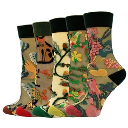 5 Pairs/Set France Hipster Design Glass Silk Floral Bird Funny Socks Women Transparent Art Ankle  Socks Jacquard