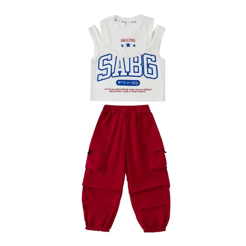 Kid Hip Hop Clothing White Double Shoulder Crop Tank Top Wine Red Casual Jogger Cargo Pants for Girl Jazz Dance Costumes Clothes