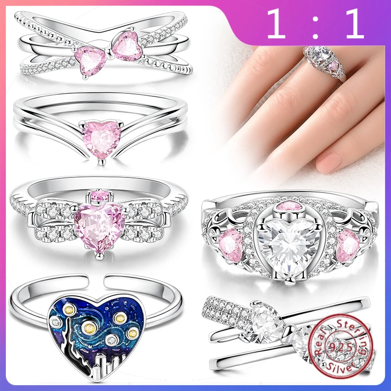 

Anillos Apilables de Plata Esterlina 925 (Nuevos) — Lazo Rosa + Corazón (Tema Amor), Adecuados para Mujer y Chica