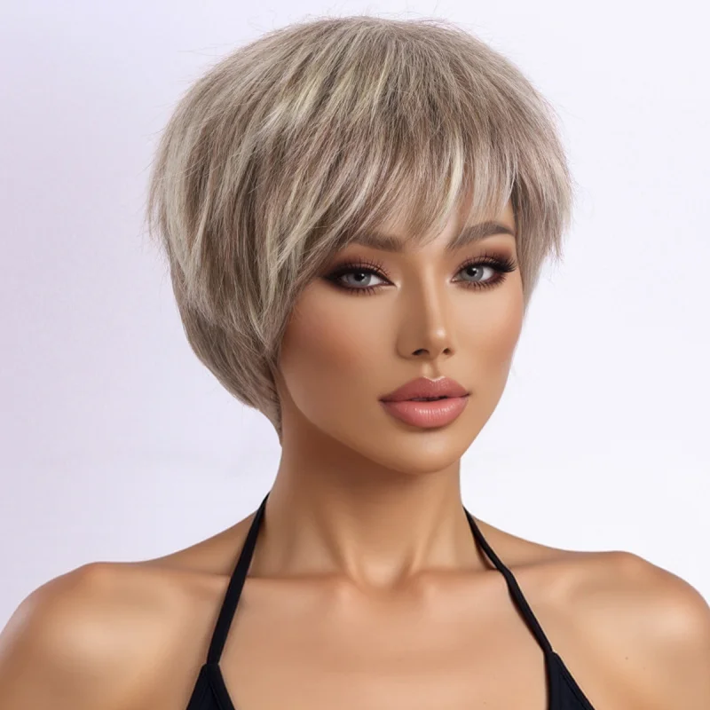 Short for women, naturally fluffy full headpiece, age-reducing bob wig, unisex, cool and stylish, Korean-style men's hairsty