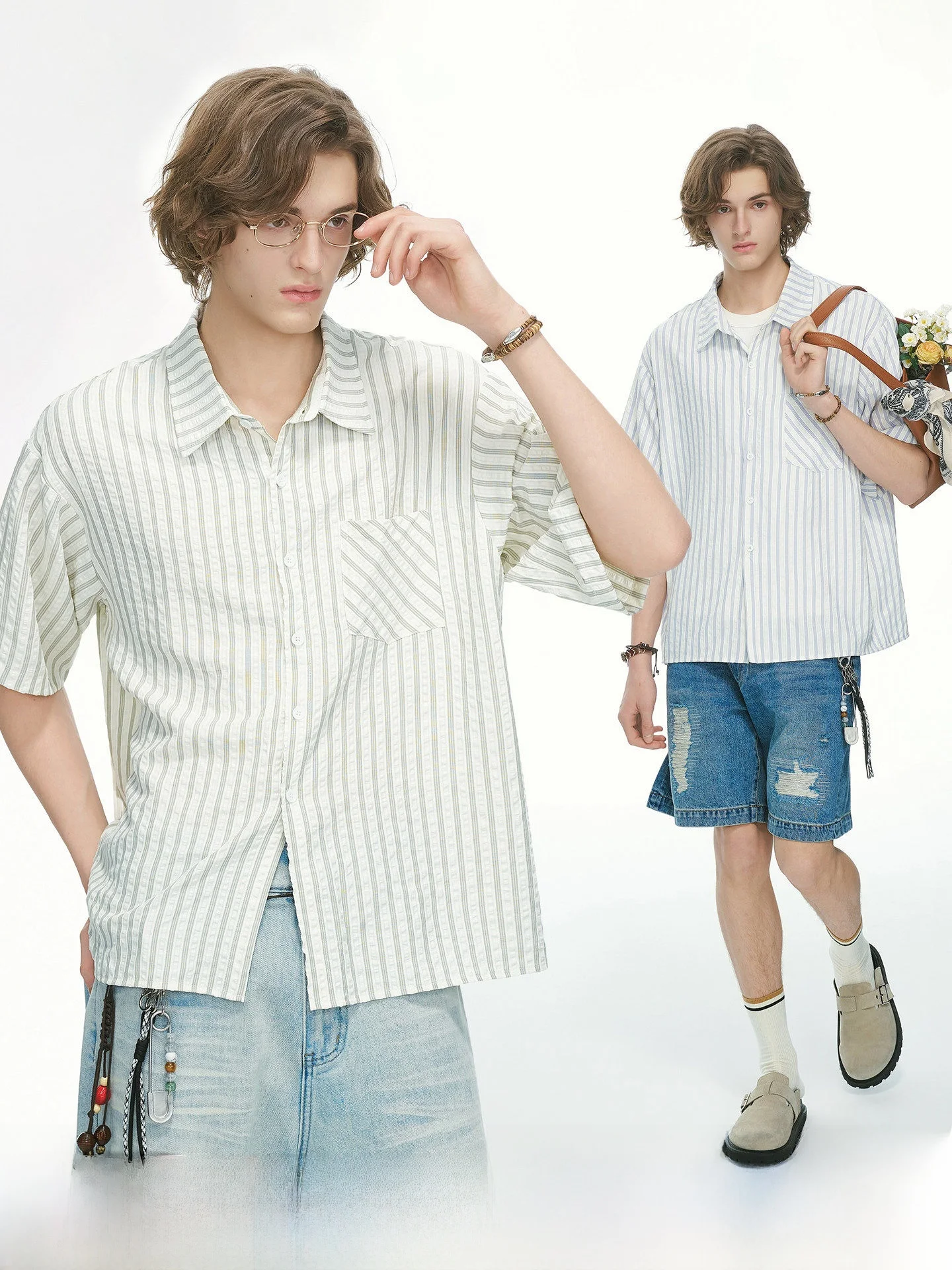 

Casual American Bubble Shirt Men's Short Sleeve Striped Summer Leisure Half Sleeve Youth Fashion Breathable Cotton Blend Mens...