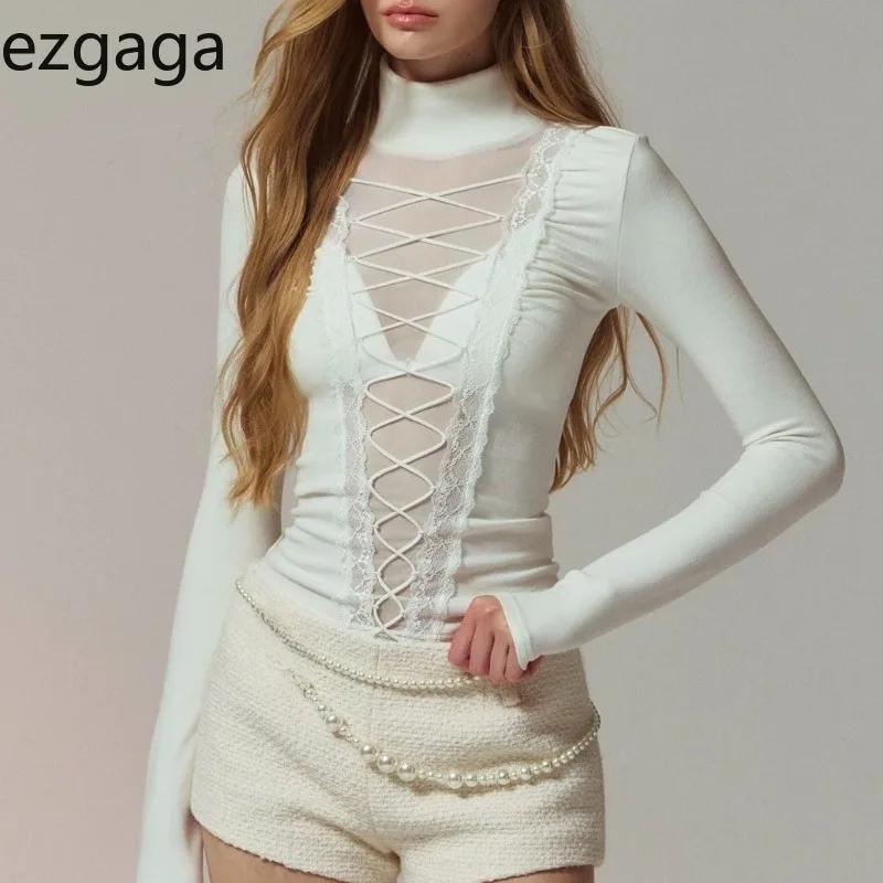 

Ezgaga Women T Shirts Lace Patchwork Mesh Bandage Slim Long Sleeve Fashion Knitted Tops Vintage Elegant Ladies Sexy Casual