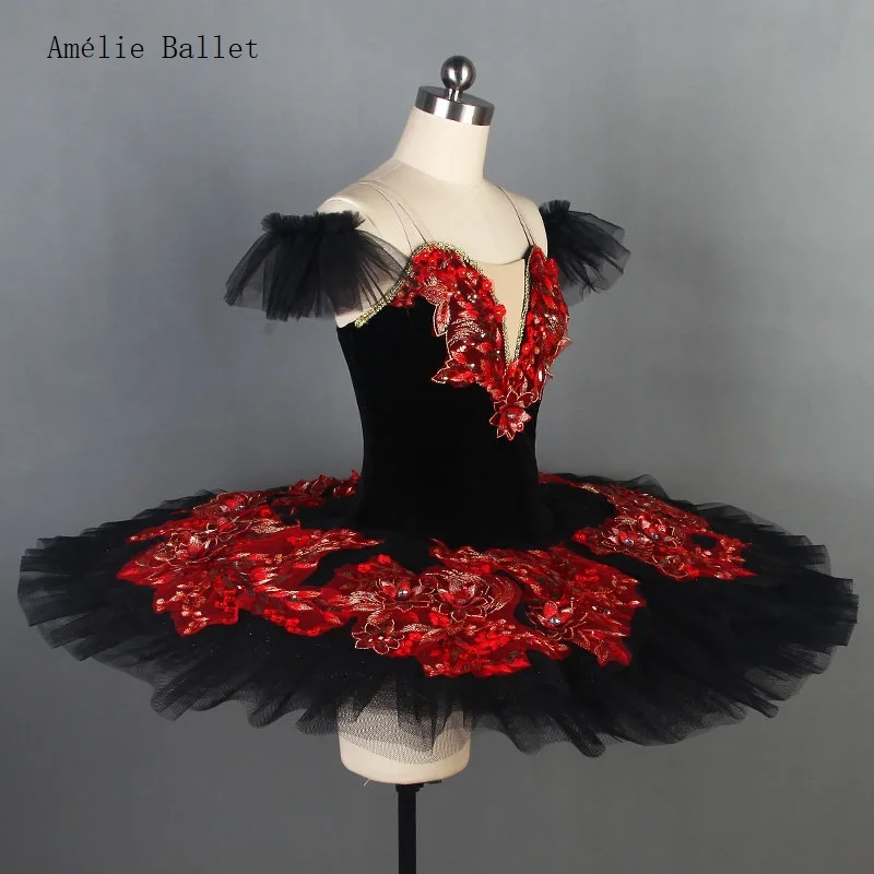 BLL086 Black Stretch Velvet Bodice with Layers of Pleated Tulle Pancake Tutu Sparkling Giltter Tulle Professional Ballet Tutu