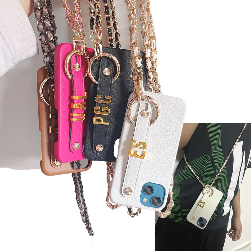 Personalised Phone Strap Crossbody Chain Holding Strap Metal Letter Name Phone Case For Iphone 13 16 plus 14 12 15 Pro Max Cover