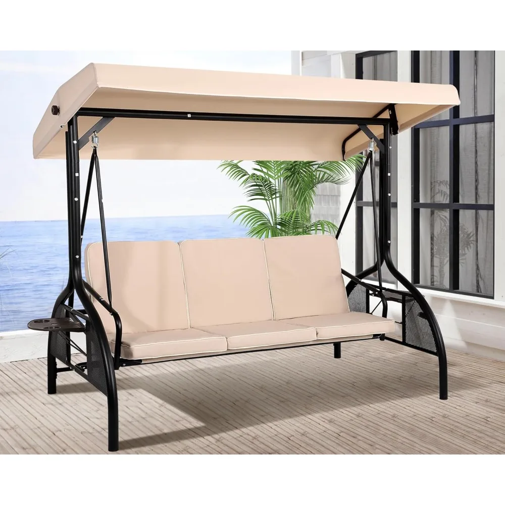 

3-Seat Outdoor Porch Swing with Adjustable Canopy and Backrest, Porch Swing Chair with Stand, Patio Swing for Garden, Backyard