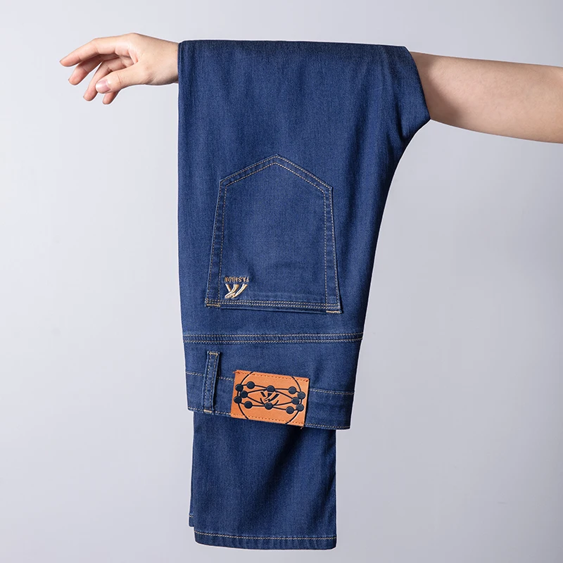 Lyocell Untr للرجال-جينز مستقيم أزرق فاتح ، بنطلون مطاطي من الدنيم ، بنطلون ماركة للذكور ، أزياء الأعمال ، الربيع ، الصيف ، #3