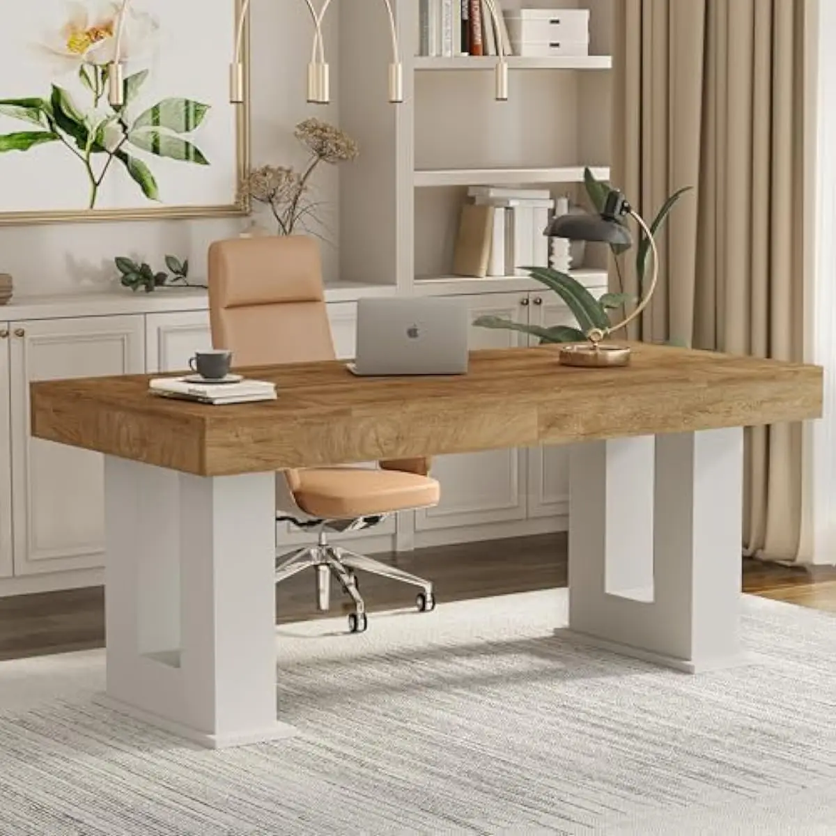 63-inch Modern Rectangular Office Desk in White Oak Finish Featuring 4.3-Inch Thick Polished Wood Top, 250-Lb Capacity, Rustic F