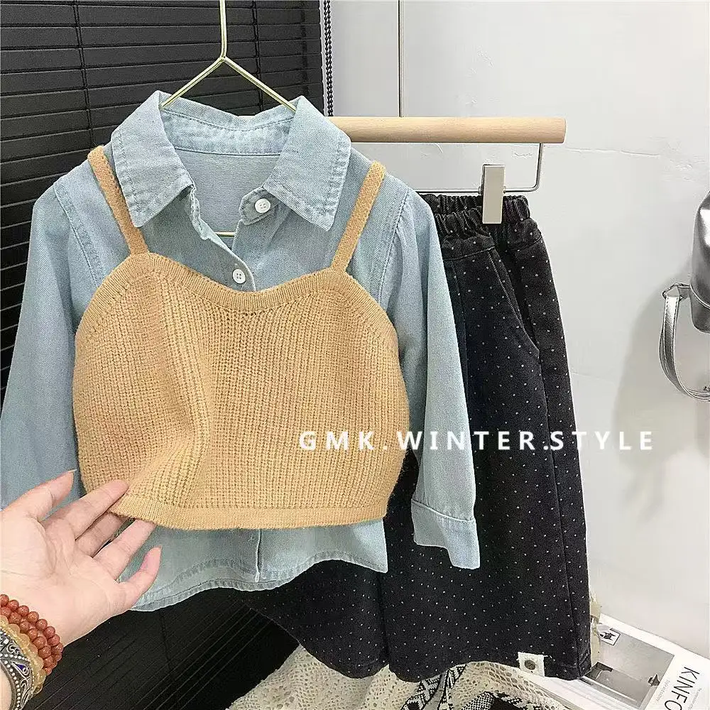 Girls Korean version Autumn New Children's Clothing Suspenders Denim Shirt Little Girl Fashionable Layering Shirt Black Pants