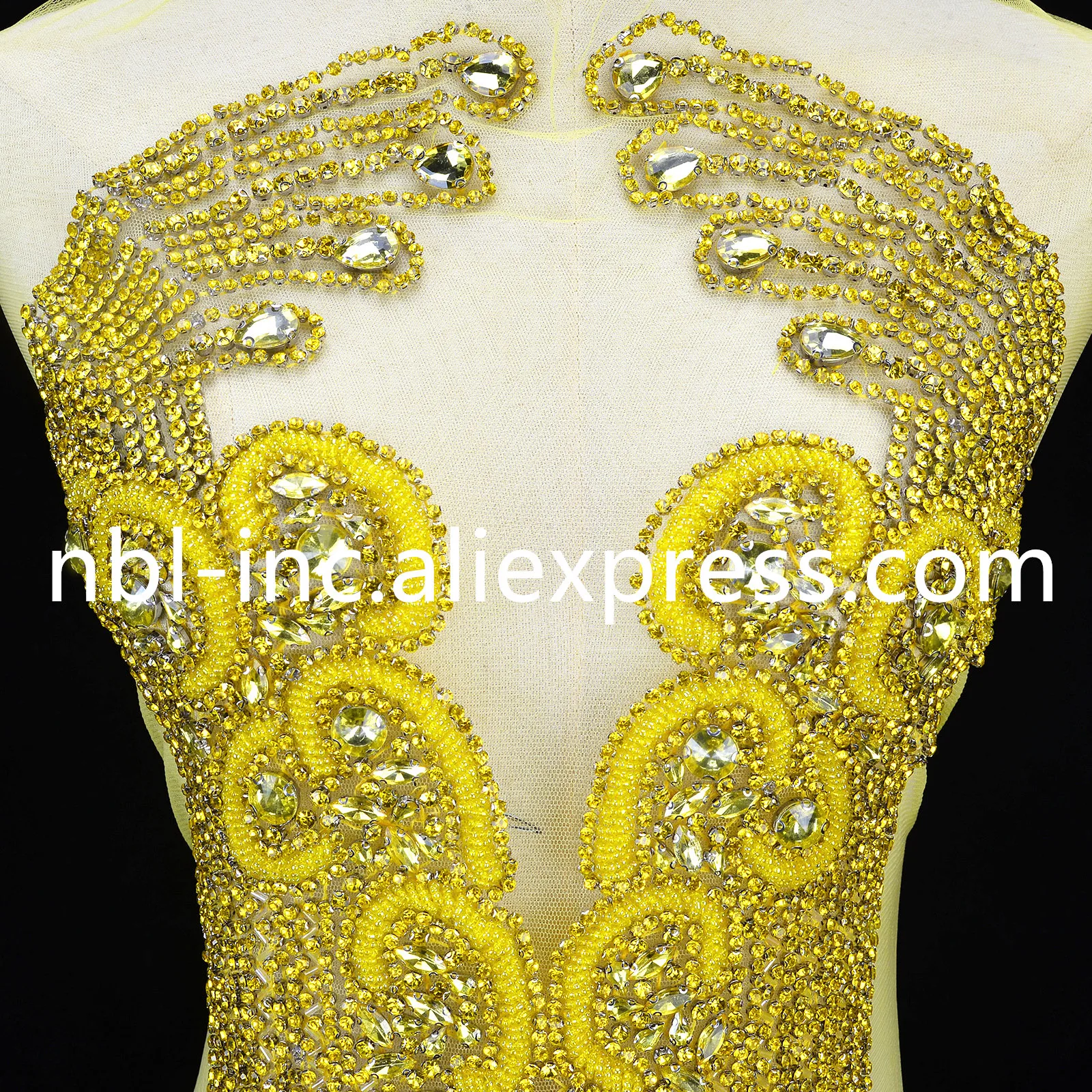 Imagem -03 - Mão Crochet Applique para Vestido de Noiva Crystal Glass Rhinestone Body Patch Mão Crochet Amarelo Luxo Wdd1359-ly 1pc