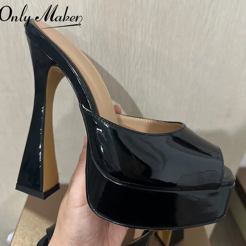 

Сандалии Onlymaker Женские с открытым носком, босоножки без шнуровки, на платформе, из лакированной кожи, на массивном высоком каблуке, модные тапочки, цвет черный/белый, лето
