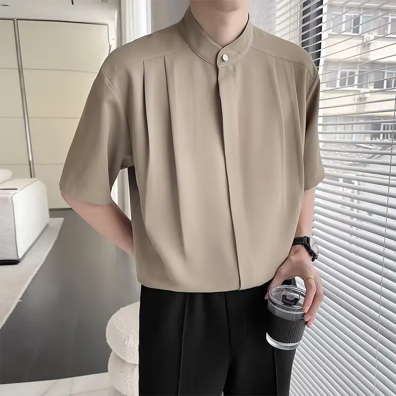 New Men's Ice Silk Stand Collar Short-sleeved Shirt Summer Casual Fashion Five-point Sleeved Casual Shirt