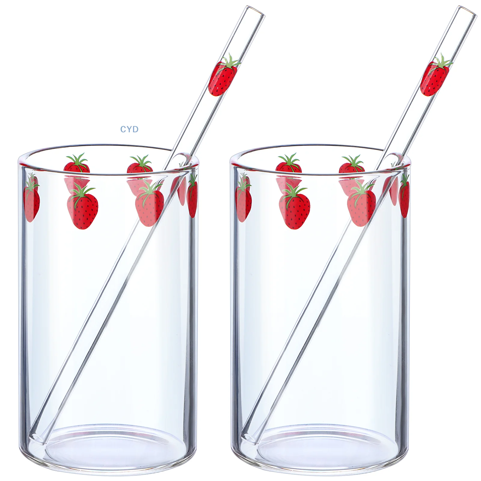 300ML Glass Milk Bottle with Straw, Cute Reusable Strawberry Fruit Cups Clear Gl