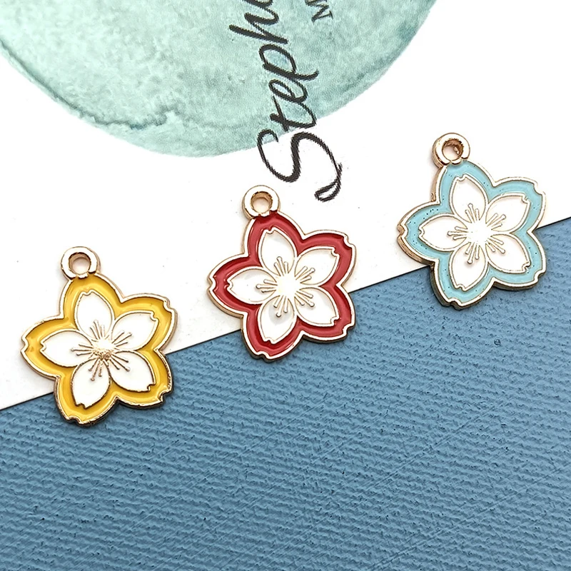 10Pcs European And American Beautiful Design Enamel Cherry Blossom Pendant Alloy Flower Suitable For Diy Necklace Earrings Brace