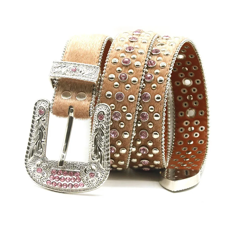 men casual diamond studded belt punk hip hop dress soft leather rivets belts womens trendy rhinestone waistband pin buckle leash