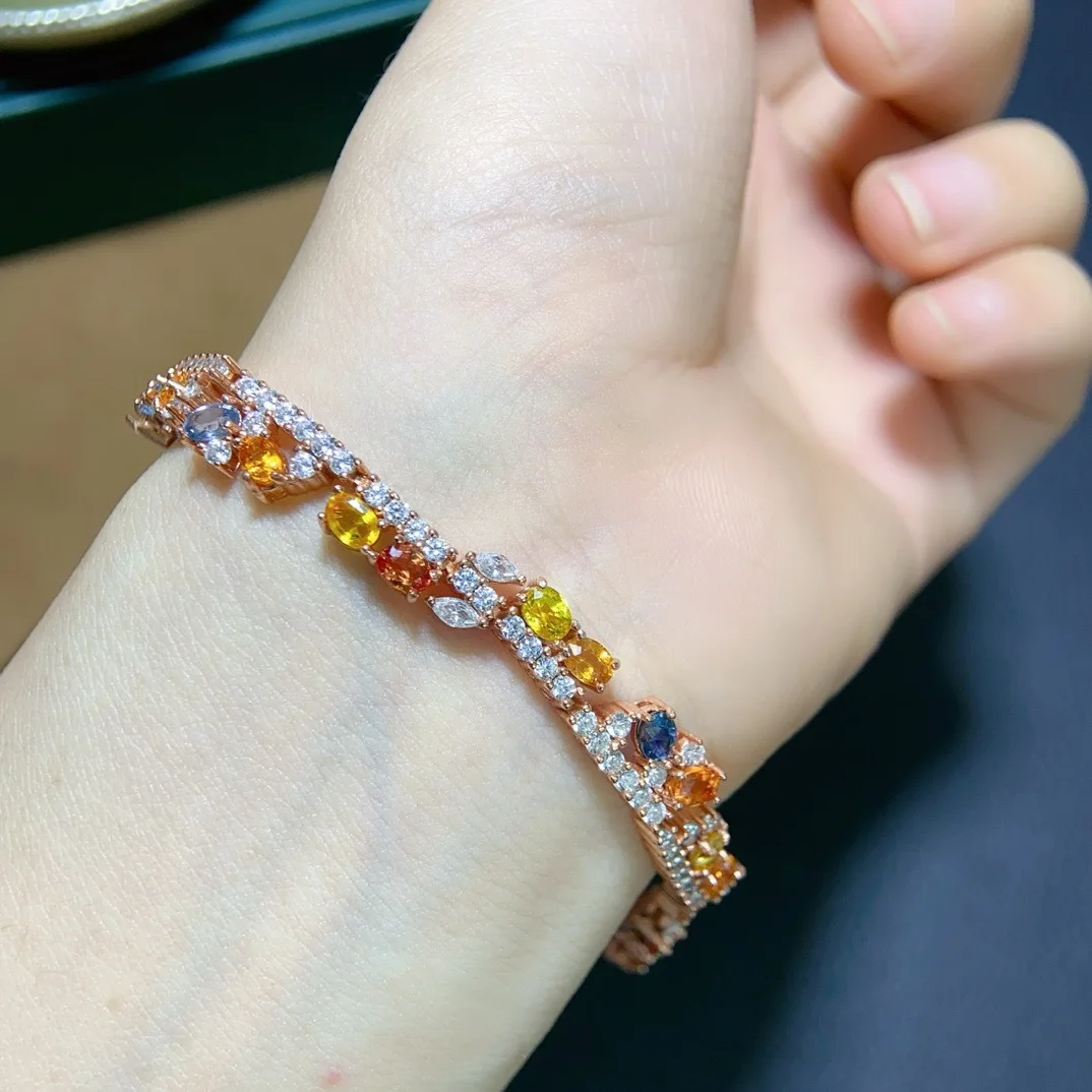 S925 Sterling Silver Natural Pink Sapphire Bracelet - 3*4mm Ultra Pink Translucent 5A Grade Gemstone Jewelry
