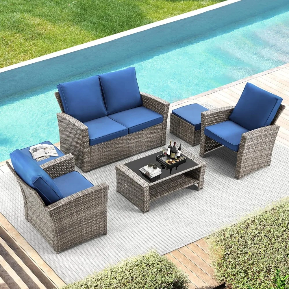 6-teiliges Terrassenmöbel-Set, Sofagarnitur aus Rattan für den Außenbereich mit Ottomane und Aufbewahrungstisch für den Außenbereich (Khaki)