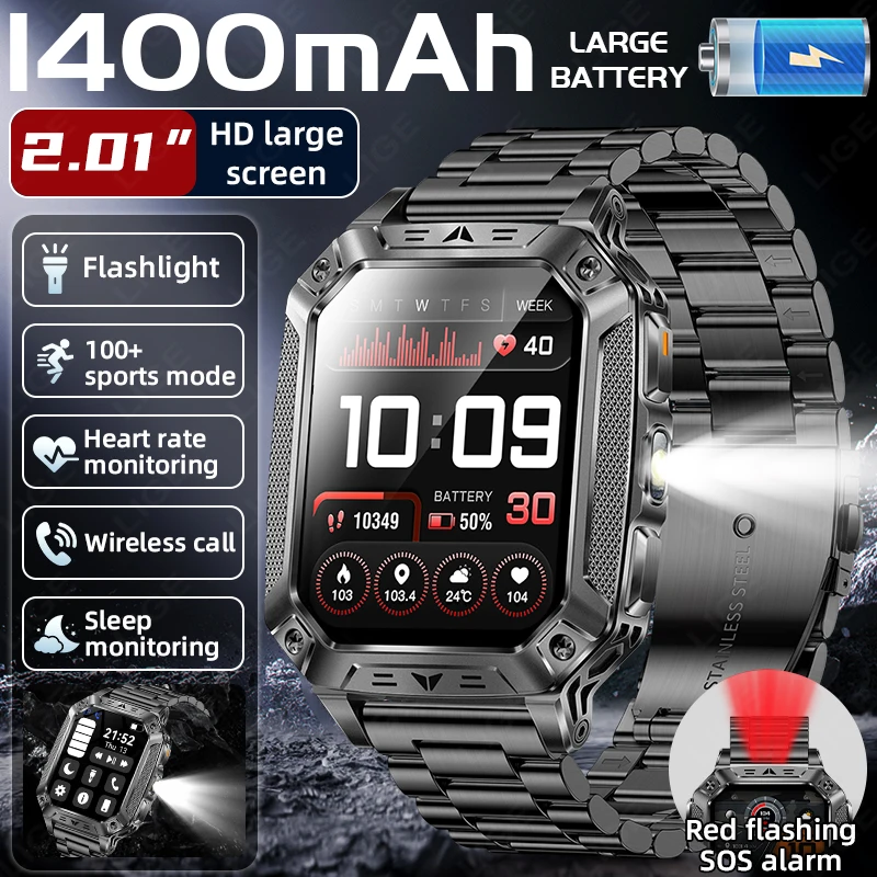 

2026 LIGE Smart Watch 2.01'' HD Screen 1400mAh Battery SOS Heart Rate Blood Oxygen Monitor smart watches for men women Original
