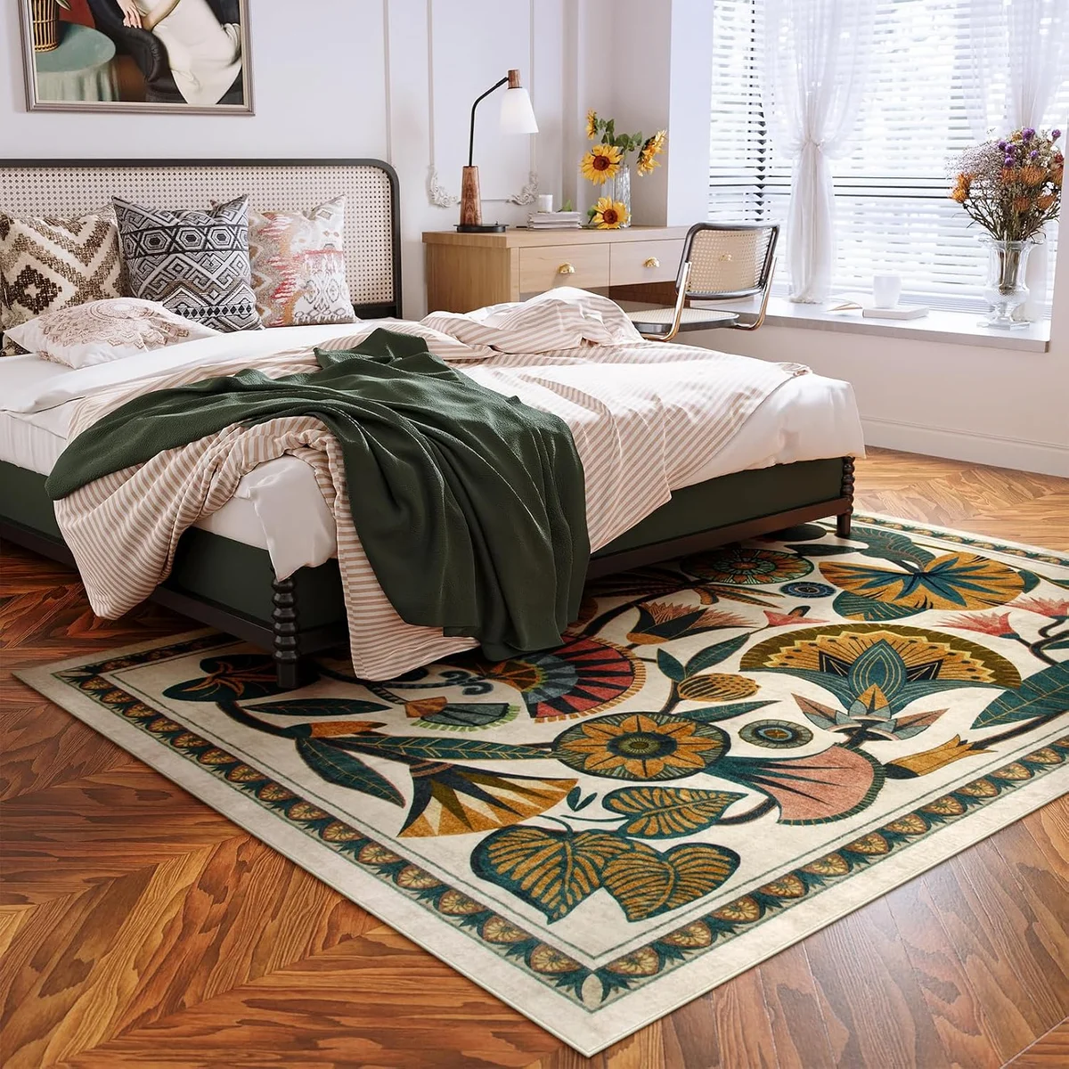 Large 5x7 Beige Egypt Floral Boho Washable Area Rug Non Slip Soft Indoor Carpet for Living Room Bedroom Entryway Kitchen