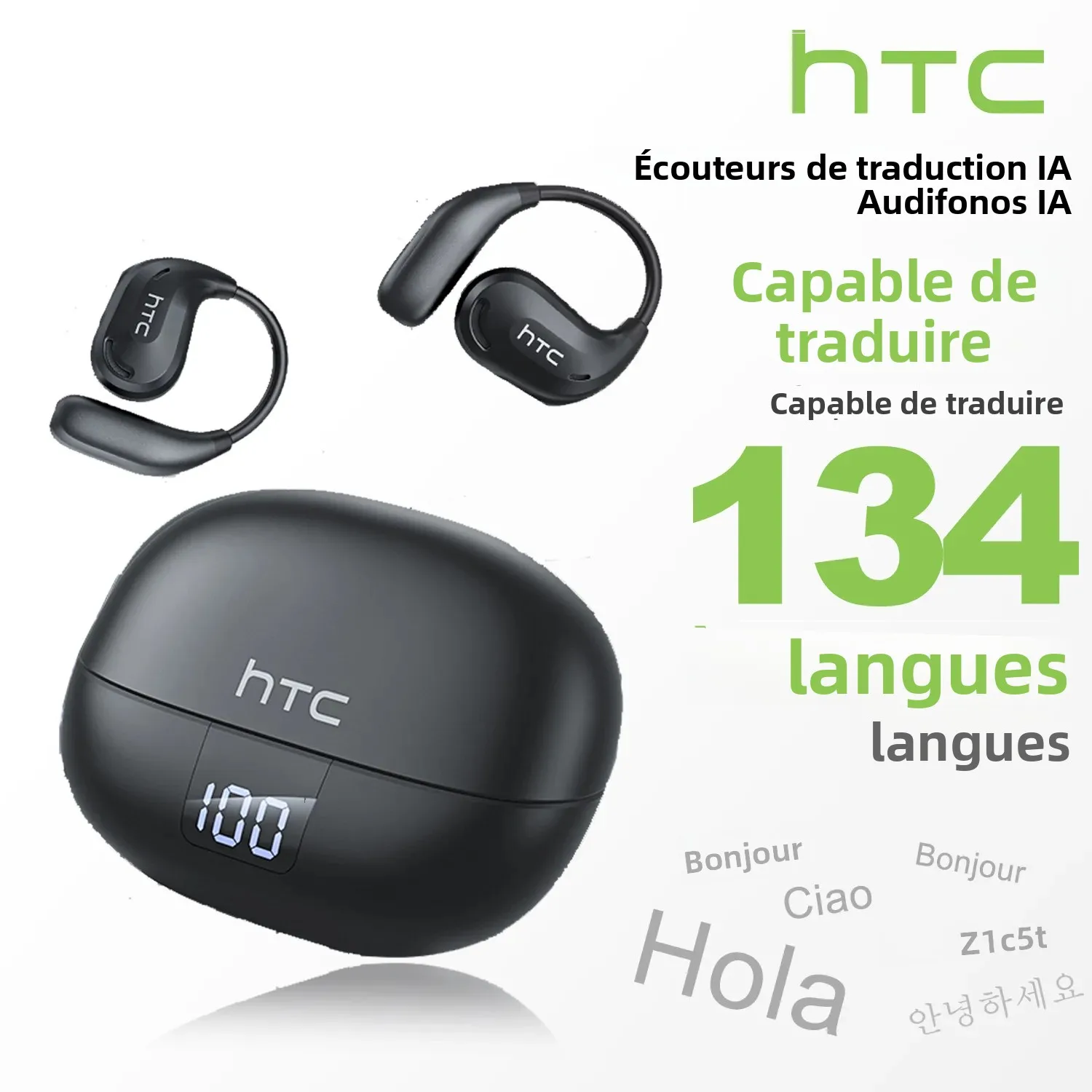 HTC NE47 Bluetooth V6.0 écouteurs OWS Sport casque sans fil AI traduction écouteurs confort oreillette avec affichage numérique
