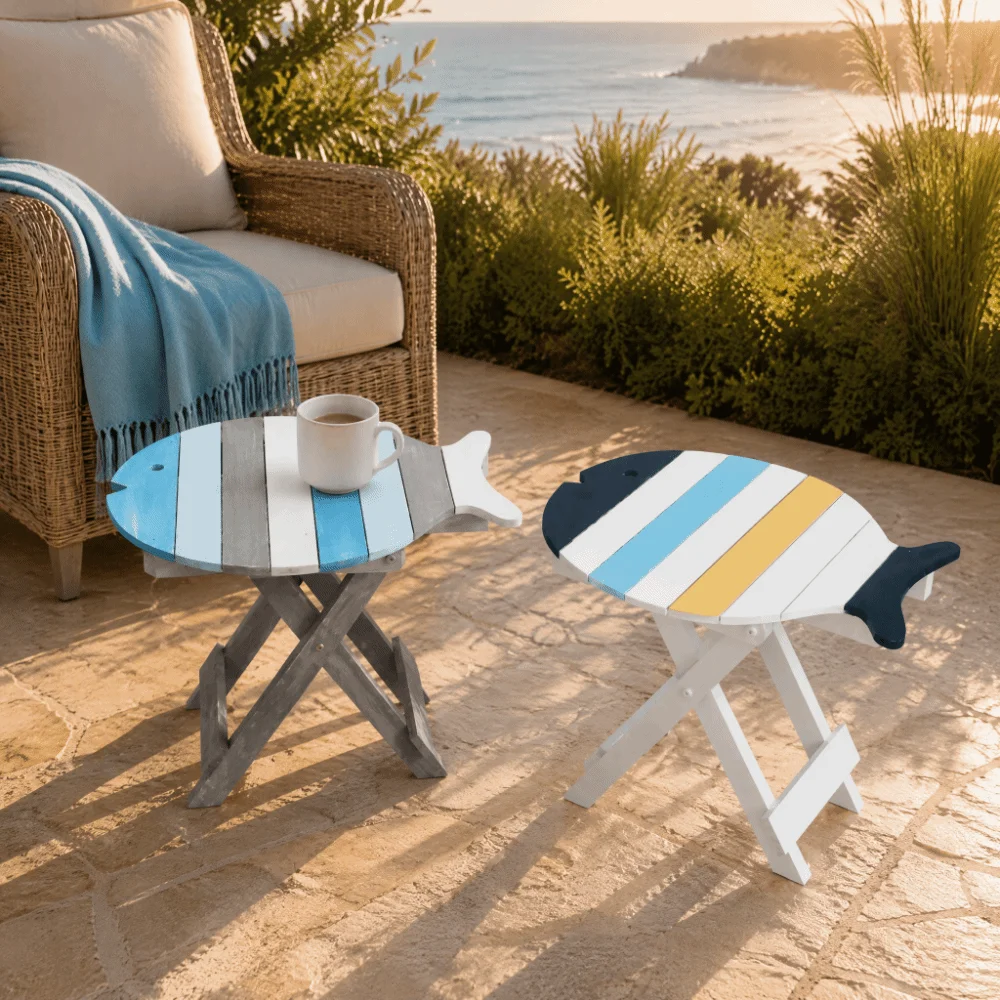 Distressed Solid Wood Folding Side Table Painted Wood Hand Painted Accent Coffee Table Colorful Wooden Small Fish-Shaped Table