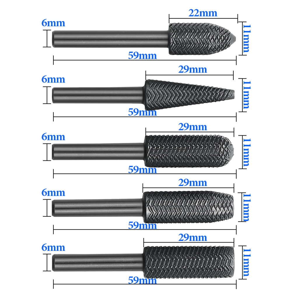 5Pcs Rotary Rasp File Set Steel File 6mm Shank Carving Bit Double Cutter Rotary File Super Hard For Metal Wood Grinding