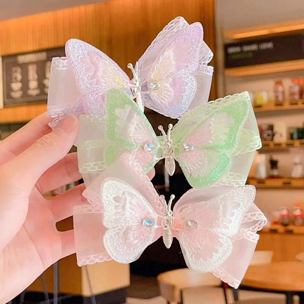 Cartoon Adorable Bow Embroidered Plastic Lace Cloth Butterfly Barrette Kids Bangs Clip Korean Style Hairpin Girl Hair Clip