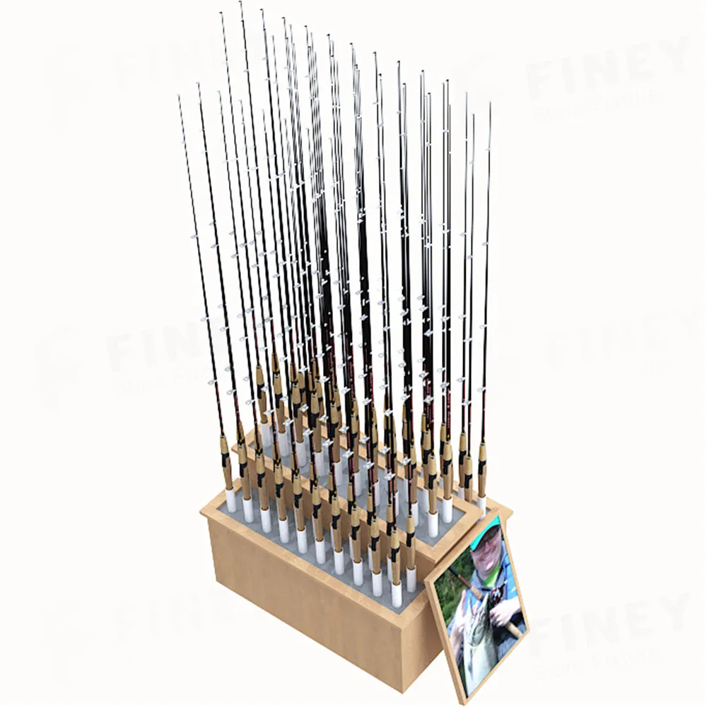 Modern Fishing Tackles Shop Interior Display Design Decoration Customized Wholesale Factory Price Wooden Fishing Rod Rack