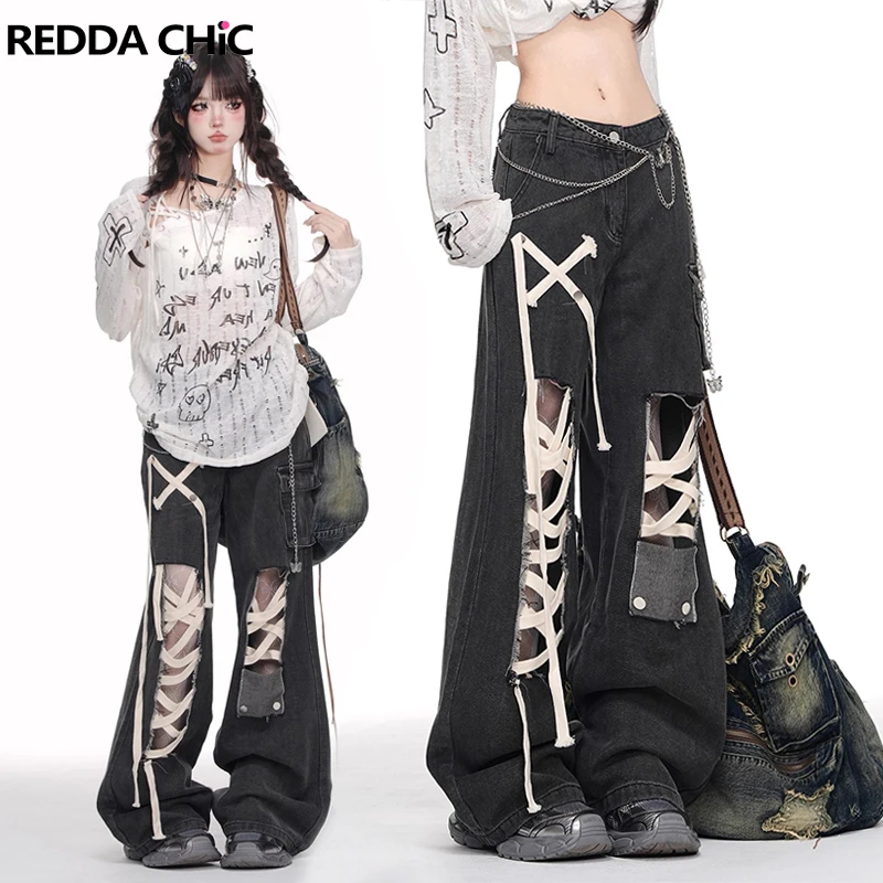 ReddaChic Ribbon Ripped Holes Baggy Jeans Damen Vintage Schwarze Taschen Weites Bein High Rise Cargohose Dark Punk Grunge Streetwear