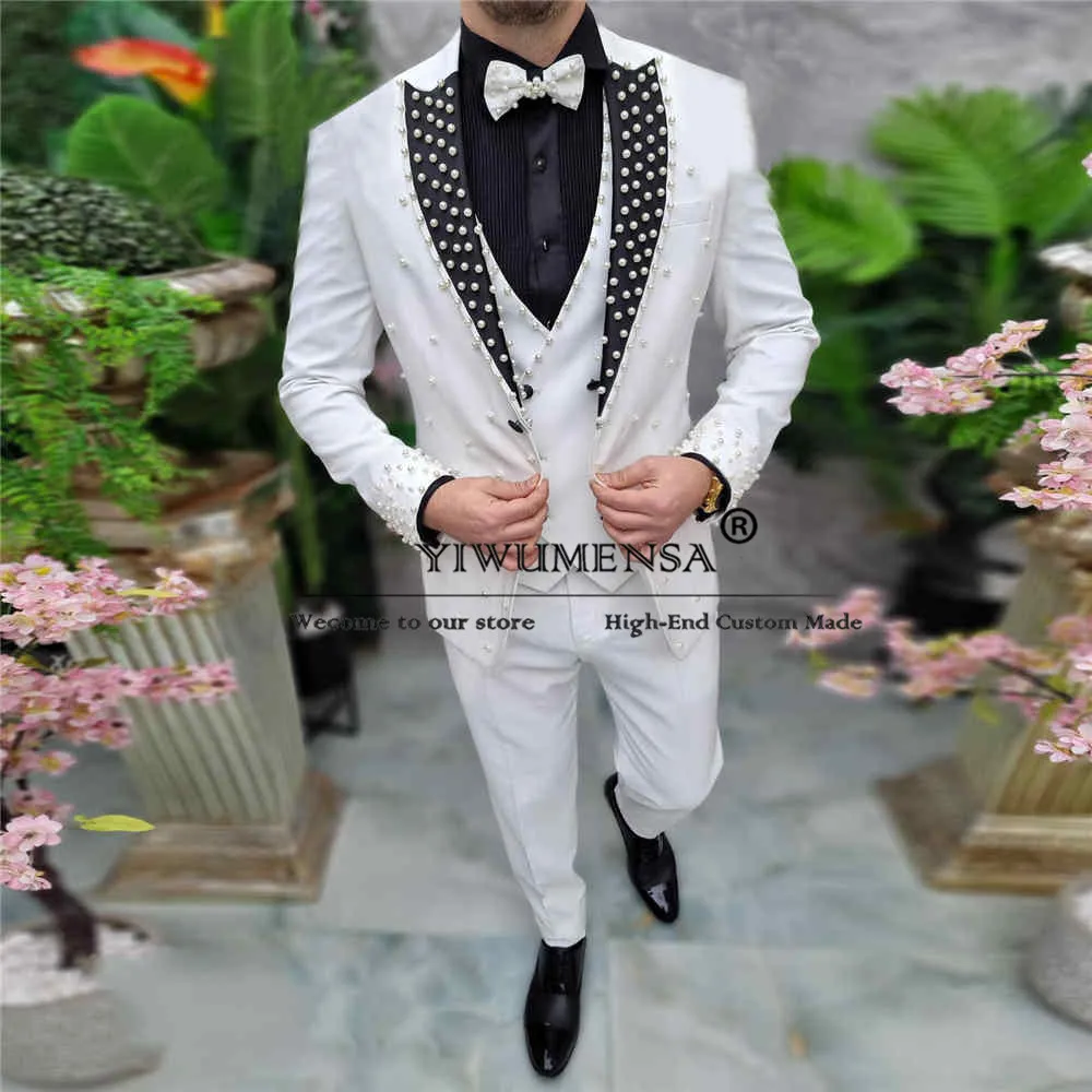 Customized White Suits Men For Wedding Handmade Pearls Jacket Vest Pants 3 Piece Formal Business Prom Blazer Traje De Hombre