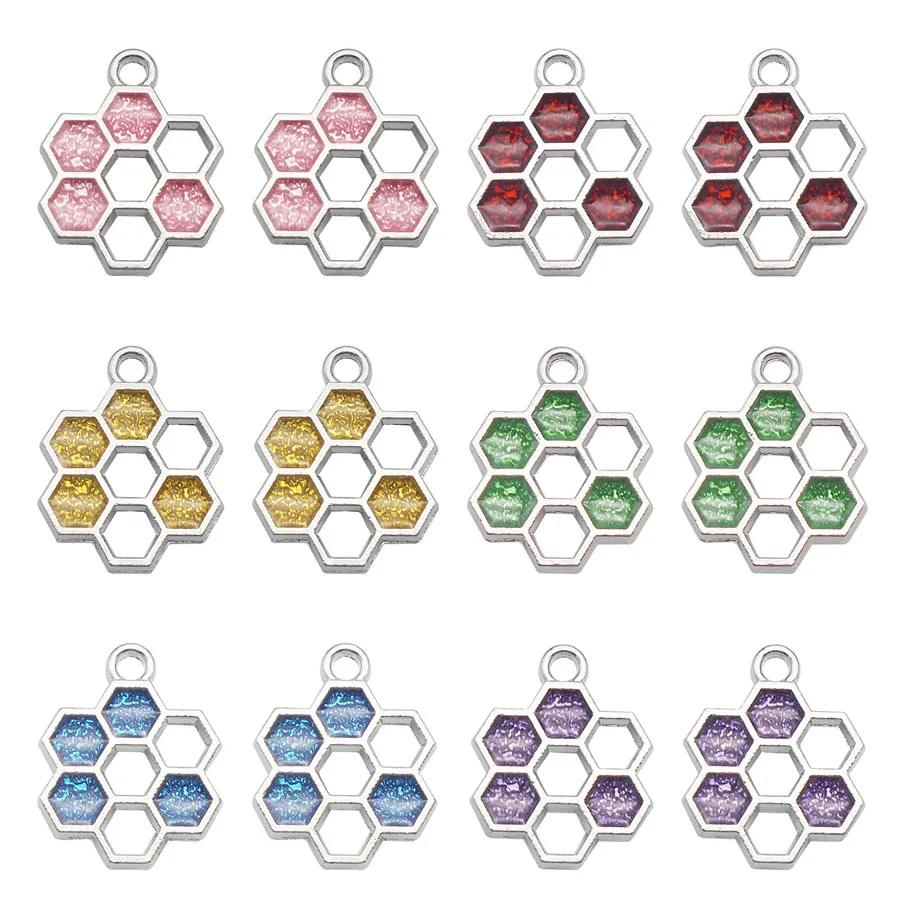 Julie Wang 12PCS Enamel Bee Hive Charms Alloy Hollow Honeycomb Pendant Necklace Bracelet Jewelry Making Accessory