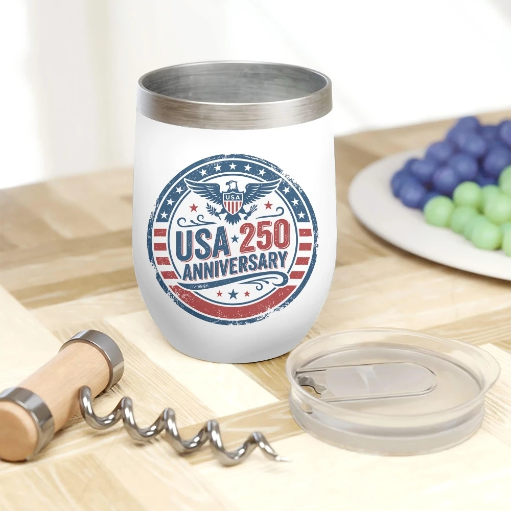 USA 250th Anniversary Vintage Badge Vacuum Flasks 12oz Insulated Wine Tumbler Vacuum Coffee Mug Egg Shape Thermos Cup