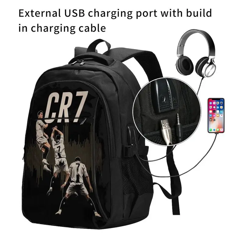 CR7 Soccer Lovers Print Laptop Backpack for Work Unisex Large Capacity Travel Backpacks College Student Bookbag with USB Port