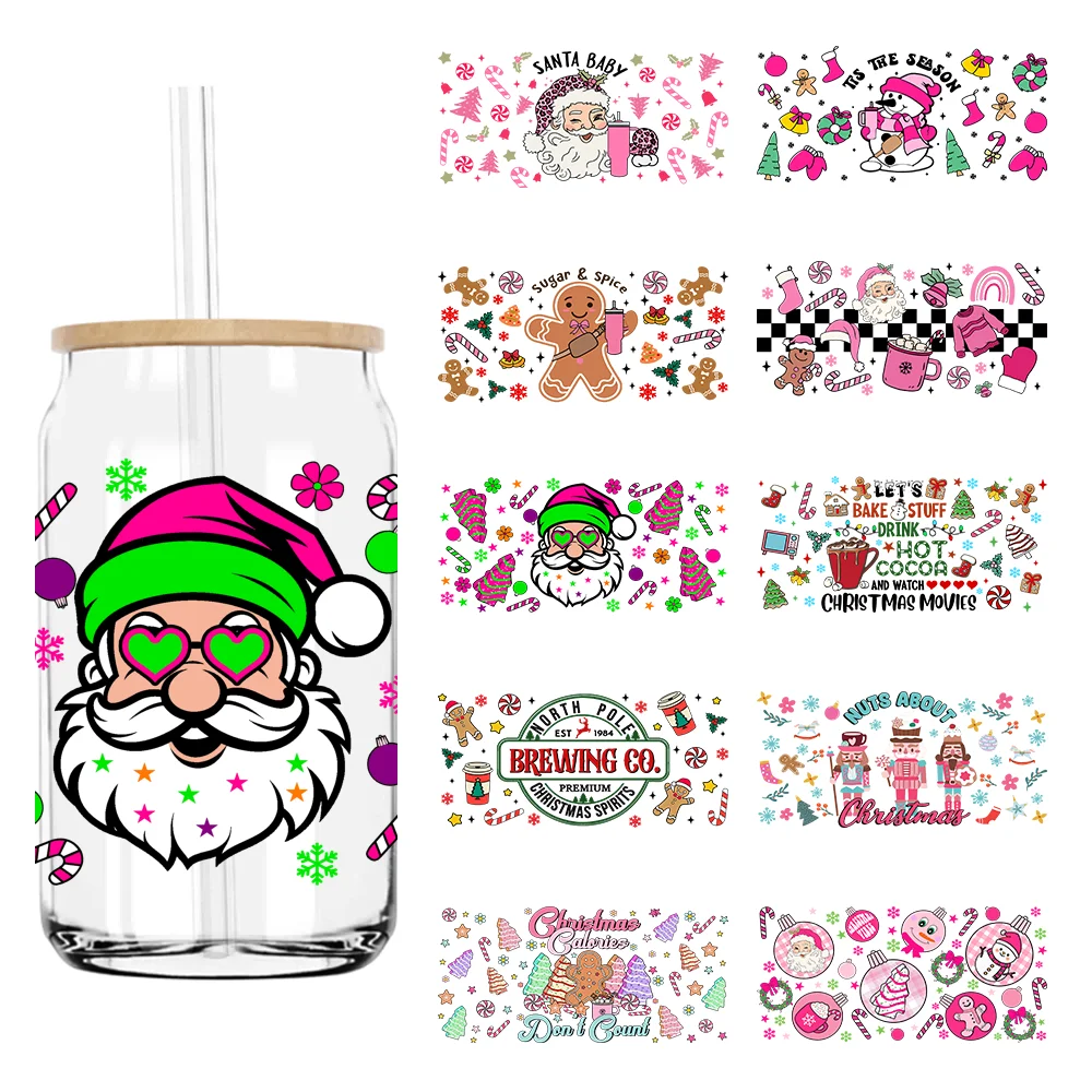 

Christmas Santa with Sunglasses 16OZ UV DTF Cup Wrap Transfers Stickers Custom Labels DIY Waterproof Logo For Libbey Glass Can