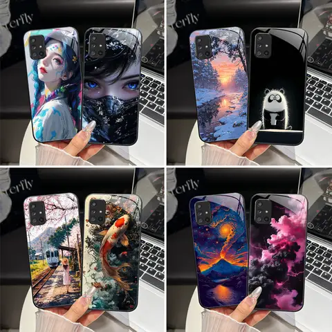 Per Samsung A71 4G 5G Custodia per telefono Trendy Fantasy Design Paraurti rigido in vetro temperato per Galaxy A 71 Cover posteriore con protezione completa