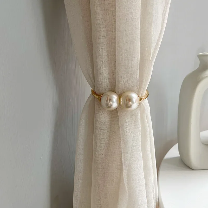 2 PCS Creative New Curtain Straps Pearl Punch-free Spring Metal Pearl Buckle Curtain Straps