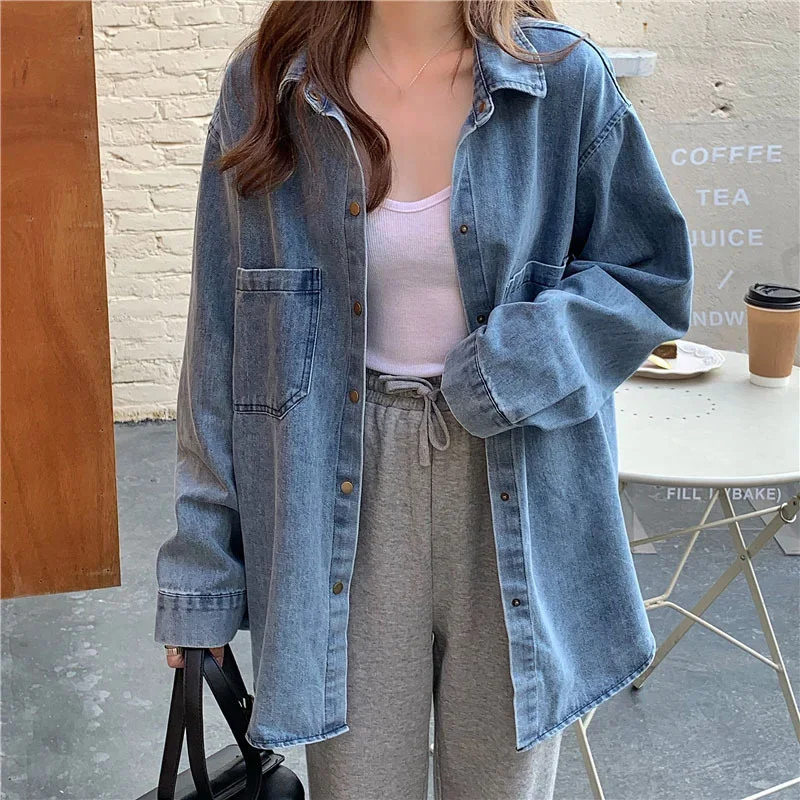 New Denim Blouse Women Coat Vintage Loose Single Breasted Lapel Jean Shirt  Female Spring Autumn Elegant Long Sleeve Cowboy Tops