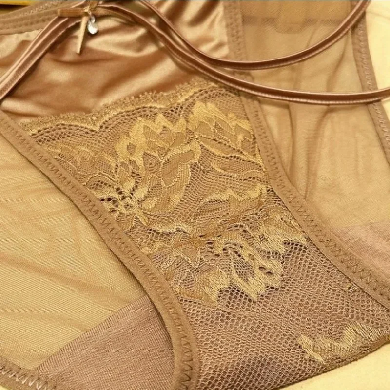 Light Luxury Ice Silk Satin Patchwork Lace Women Thin Underwear Comfortable Skin-friendly Mesh Breathable Elastic Triangle Pants