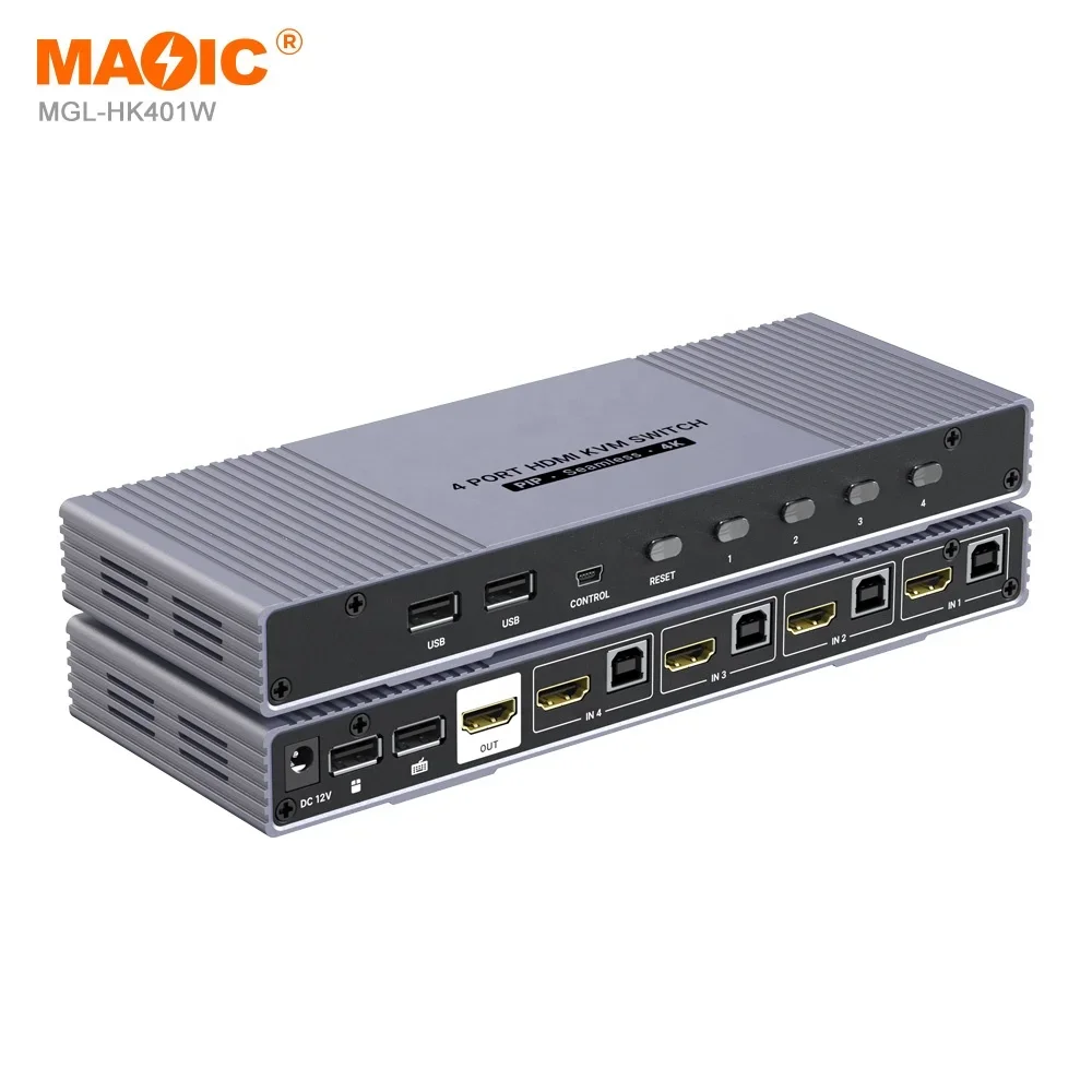 

In stock4K 30hz Auto Usb 2.0 Hdmi Seamless Kvm Switcher 4 in 1 Out Seamless Hdmi Kvm Switcher with 2 Cables