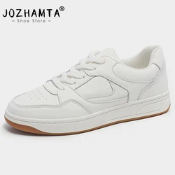 JOZHAMTA Size 35-40 Women Sneakers Real Leather Casual White Flats Shoes For Women 2023 Ins Fashion Platform Shoes Lace Up