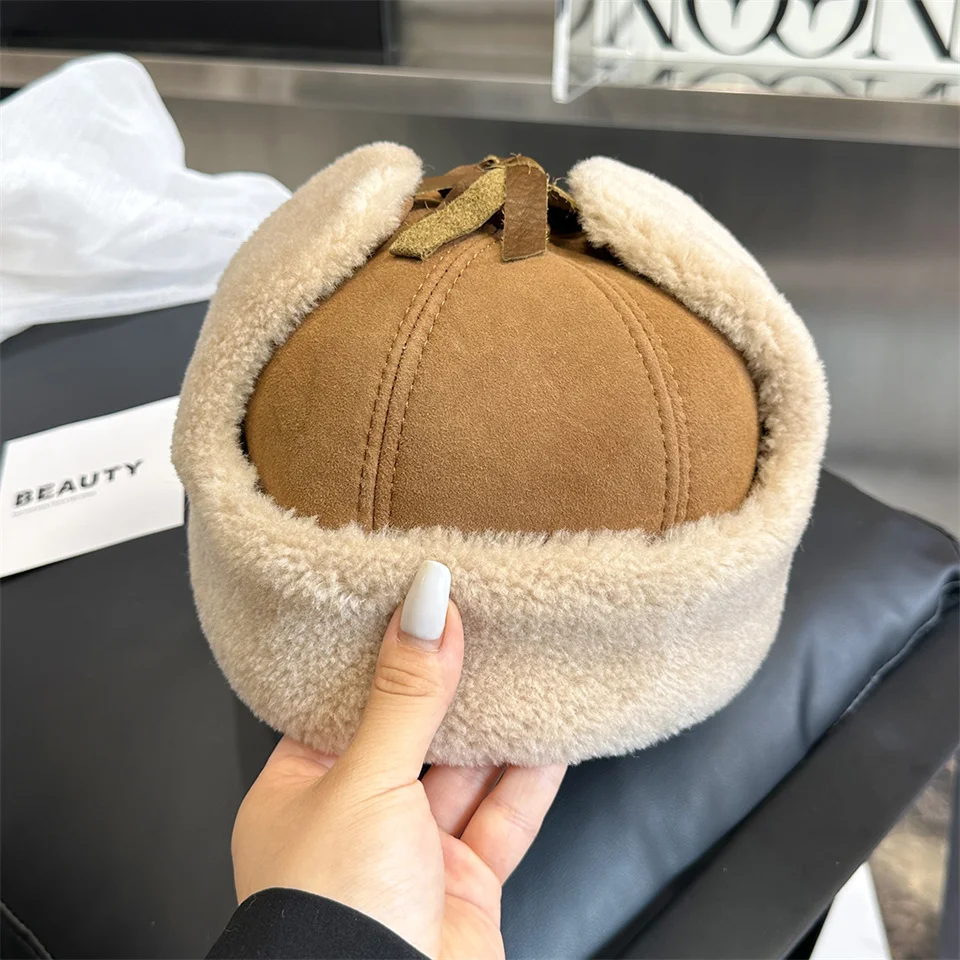 Neue Winter Herren Echtleder-Mütze mit Lammfell, Warme Dicke Ohrenklappe, Herren-Baseballkappe aus Schafsfell, Russische Mütze – Detail 6