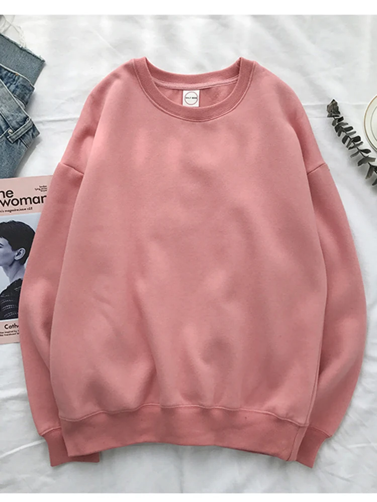 بلوفر نسائي لون سادة برقبة دائرية فضفاض غير رسمي بغطاء للرأس هاراجوكو الجمالي ملابس الشارع المخملي بلوزات بيضاء كورية البوب #6